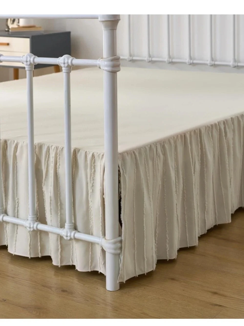 Striped Boho Tufted Bed Skirt 14” Drop Split Corners - CREAM